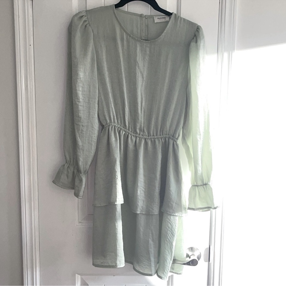 Anthropologie FLOUNCE sea green long sleeve feminine and luxurious ruffle dress - Picture 9 of 11